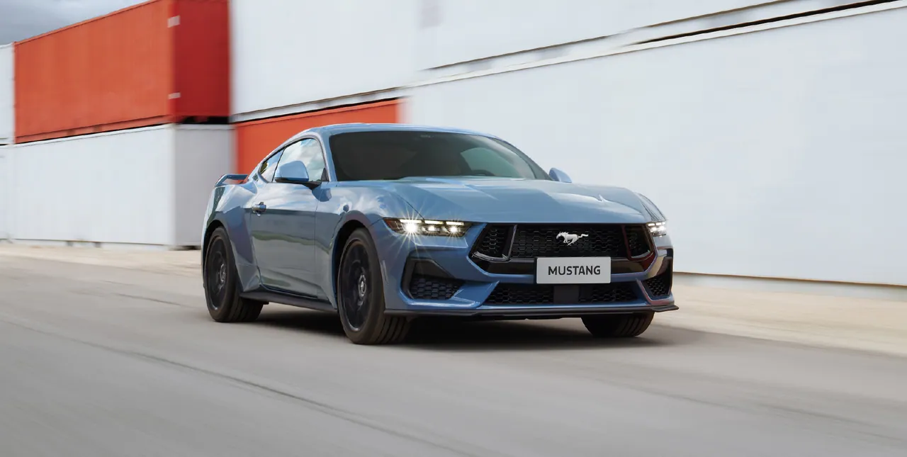 Ford Mustang GT head-on, tri-bar headlights and pony badge