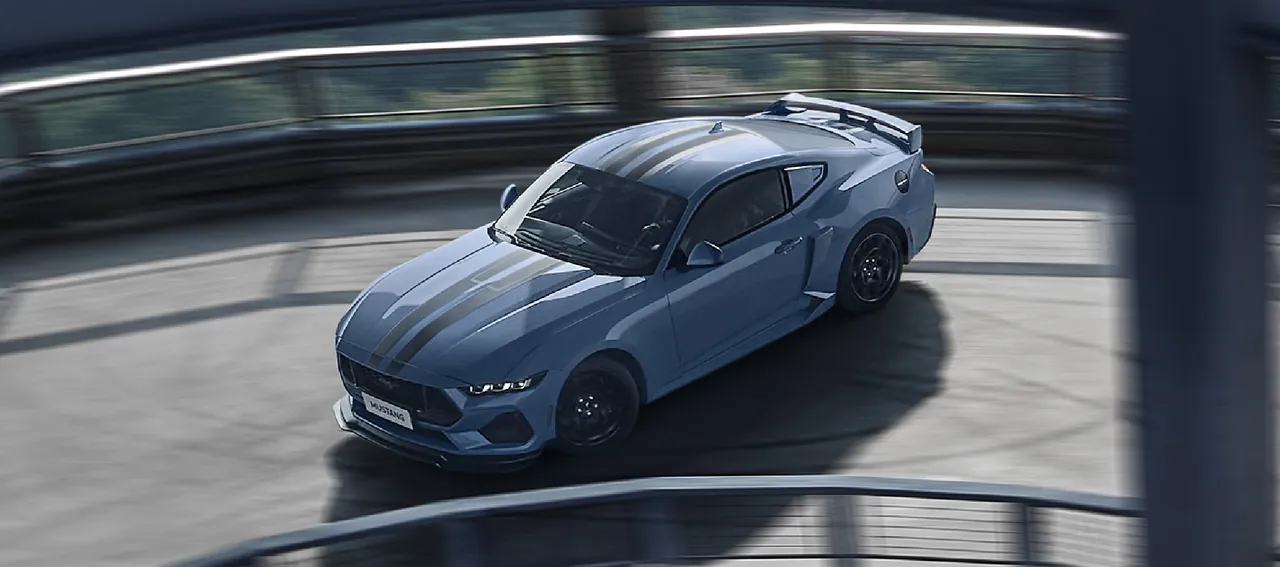Ford Mustang GT on a racing circuit, seen from above